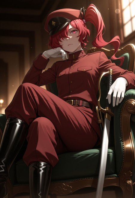 masterpiece,best quality,absurdres,highres,very aesthetic,high quality,detailed,insanely detailed,beautiful,perfect lighting, ,depth of field,blurry background,bokeh, looking at viewer,
  <lora:Teruko Ôkura illu:1> 1girl, red hair, side ponytail, red eyes, long hair, military uniform, hat, white gloves, belt, red pants, boots, red hair, military uniform, boots, sitting, hat, side ponytail, crossed legs, weapon, sword, 1girl, hair over one eye, red eyes