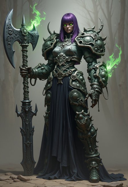 (score_9, score_8_up, score_7_up) marble face, skull arms, dark skin, ((stone golem woman)), strong body, Mature, mature face, 35 years, large face,fringe, a lob  short straight  deep purple hair, hands holding axe craved with skulls Black flame flows arround it, in fighting posture, crazy face, large Blade of darkness, homare style, octane render, high detailed, ultra realistic, volumetric, pov green eyes, green lips, boots high heels, Black battle dress, front view