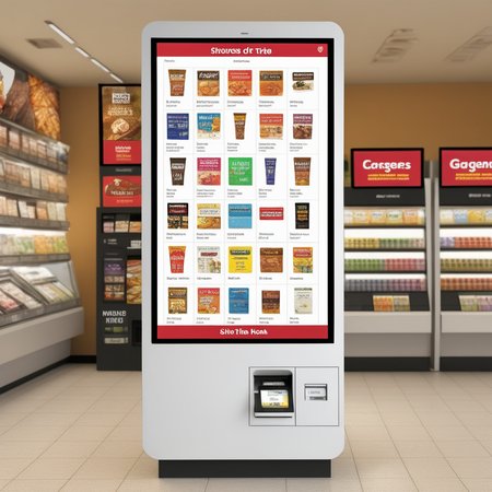A photorealistic depiction of a state-of-the-art, user-friendly self-service kiosk in a Supermarket  . The kiosk's large, vibrant touchscreen should display a variety of cigarettes  options,<lora:touchstrore2:0.55>