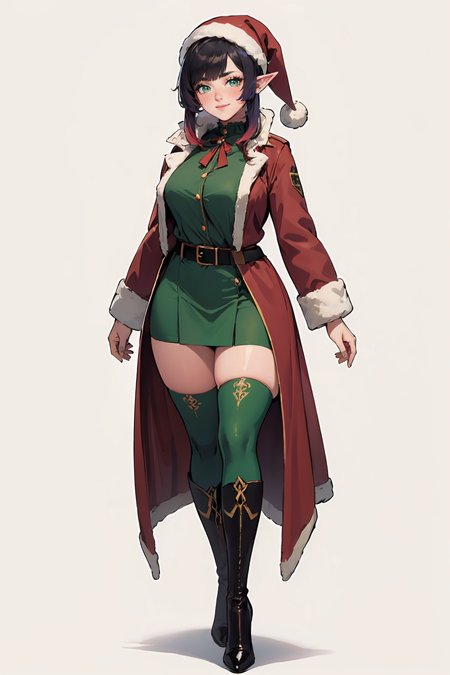 (masterpiece, best quality, highres, high resolution:1.2), extremely detailed, intricate details, 1girl, solo, looking at viewer, clamEmma, <lora:clamEmma:0.6>, (simple background, white background:1.2), full body, santa's elf, green outfit, stocking cap, high heel boots, smile, side-swept bangs, black hair, pink IncursioDipDyedHair, messy mid ponytail, green eyes, thick eyebrows, freckles, <lora:DipDyedHair:0.8>, <lora:weight_slider_v2:0.25>, (cinematic lighting, bloom, volumetric)