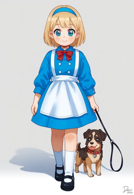 score_9, score_8_up, score_7_up, highly detailed, DSCStyle, 
pst006, female cyborg, Alice from Wonderland with mechanical small dog walking beside on leash in parkland,  fantasy aesthetic, DSCStyle, round eyes, exaggerated proportions, cartoonish features, anime-inspired, cute aesthetics, cartoonish proportions, stylized anatomy, soft shading, warm color palette, semi-flat coloring, vibrant tones, warm and inviting tones, playful expressions, expressive poses, minimal texture, polished finish, whimsical atmosphere, smooth lines, glossy highlights, minimal detail, clean outlines, consistent line weight, gentle highlights, simple clothing designs, soft gradient backgrounds, focus on facial expressions