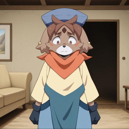 masterpiece, best quality, amazing quality, official style, fr33di3, male, furry male, anthro, solo, dog-like, brown fur, short hair, brown hair, brown eyes, light muzzle, black nose, orange facial marks, forehead mark, two-tone tail, blue hat, gold ear-piercing, orange bandana, black gloves, long sleeved, yellow shirt, blue flaps, blue pants, black shoes, standing, sad, looking down, indoors, living room