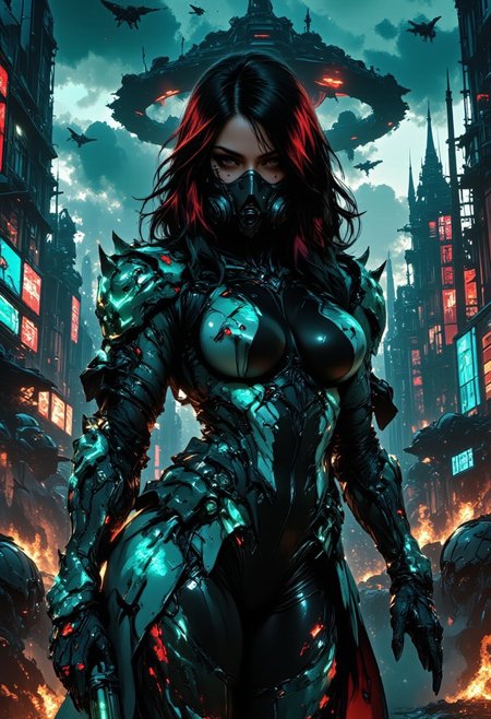 in the style of ck-mgs,, bo-an1me, A fierce Asian female sci-fi warrior stands on a futuristic urban battleground illuminated by neon lights and flickering holograms. Her dark hair, styled in sleek bangs with a bold red streak, cascades partially over her respirator mask. Her eyes are piercing, enhanced by dark eyeshadow that adds to her fierce expression. She wears a skin-tight black bodysuit beneath an intricate teal power armor with glowing cyan accents and articulated plates that flex with her movements. The suit’s gauntlets emit a faint pulsating energy, hinting at advanced combat capabilities. The chaotic environment around her is filled with sparks and debris from a recent skirmish, and a distant skyline reveals towering megastructures and flying drones. The scene is drenched in an intense, cinematic blue-green light, accentuating the metallic sheen of her armor