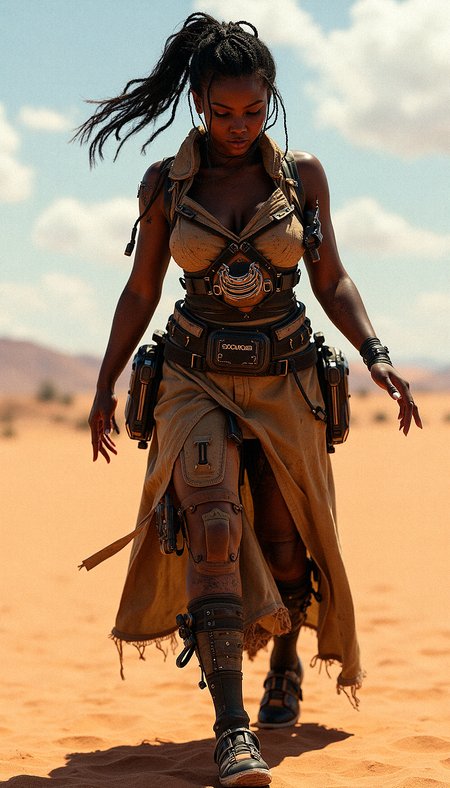 Photorealistic depiction of a beautiful curvaceous dark-skinned female Tech-Nomad in a Post-Apocalyptic Desert, 

Aesthetics improvement includes subtle weathering effects on her outfit, such as scratches, dirt, and wear marks, to suggest extensive use and rough conditions.Utilize realistic lighting that reflects off the metallic parts of her outfit, casting dynamic shadows on her and the surrounding environment. Enhance the textures of her outfit to differentiate between fabric, metal, and synthetic materials, giving a tactile sense of realism.

 Leaning forward slightly with one hand reaching out in front of her, fingers gently spread, head tilted slightly to the side.