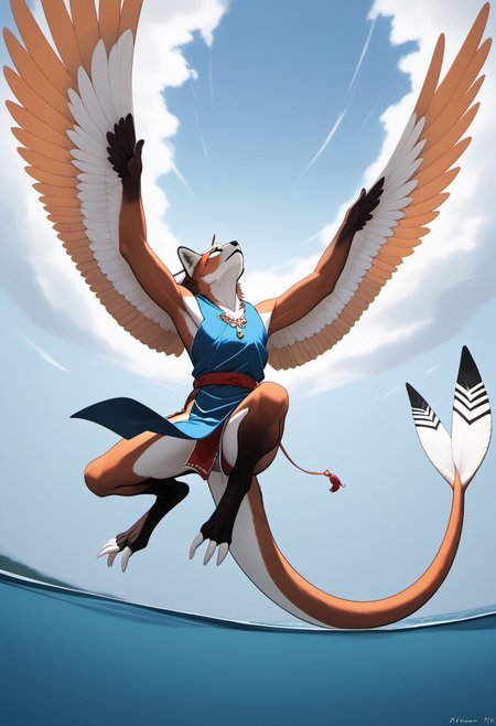 1person, Palagiri, anthro, feline features, feline nose, ((wings)), ((armless)), perfect wings,
Airborne, flying, ((diving, legs back, legs straight, nosedive)), tail straight, wings spread,
3/4 view, dutch angle, perfect wings, prehensile wings, ((prehensile toes, long toes)), ((feathers-tipped tail, fanned tail-tip, tapering-tip tail)),
digitigrade legs, pelvic curtain tunic,
Source: anime, score: 9, score: 8up,