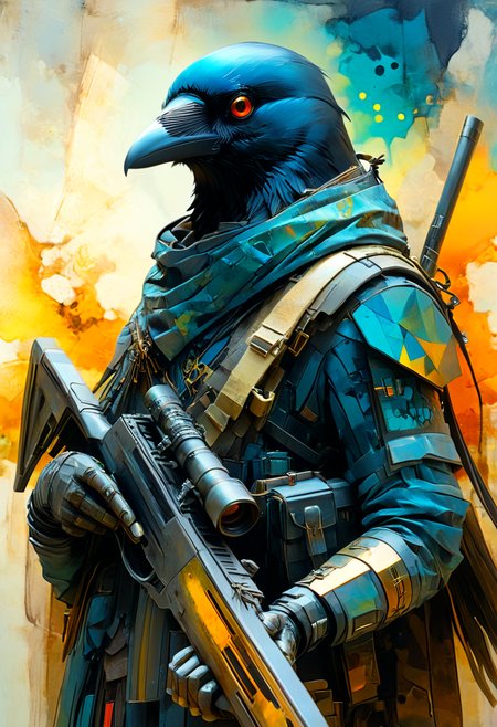 powerful artistic vision of Corvidfolk holding a rifle, scoped rifle, battlefield, vibrant alcohol ink and, geometric patterns and glowing symbols, in the style of Ashley Wood, in the style of Leonardo DaVinci, of shifting light, energies intertwining, Volumetric and synthetic, enigmatic, Alienesque and enigmatic, suspended, melancholic and, with protruding sharp edges masterpiece, beautiful, best quality, absurd resolution, 8k, uhd, extreme details. breathtaking masterpiece made by great artist. best quality, high resolution, psychedelic style Corvidfolk holding a rifle, scoped rifle, battlefield, vibrant alcohol ink and, geometric patterns and glowing symbols, in the style of Ashley Wood, in the style of Leonardo DaVinci, of shifting light, energies intertwining, Volumetric and synthetic, enigmatic, Alienesque and enigmatic, suspended, melancholic and, with protruding sharp edges masterpiece, beautiful, best quality, absurd resolution, 8k, uhd, extreme details . vibrant colors, swirling patterns, abstract forms, surreal, trippy