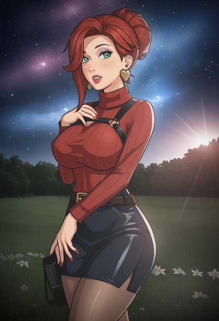 score_9,score_8_up,score_7_up,score_6_up BREAK, 
((perfect hand:1.2)),((perfect leg:1.2)), masterpiece, best quality, 
beautiful woman, beautiful background, high contrast,
1girl, Martha \(Bones Tale's\),
solo, high detail hair, bun hair, red hair, green eyes, large breasts, looking for viewer, upper body, random background, 
<lora:adawong-re-richy-v1:1> adasweater, red sweater, sweater dress, turtleneck, harness, pantyhose, holster, belt, earrings,
gyaru, 
<lora:miss_fortune_lol-000010:1>, miss fortune \(league of legends\), 
<lora:goodhands:0.7>,
<lora:chara_YofukashiNoUta_Background_v1:0.8>, outdoor, starry sky, afternoon, 
<lora:bonestales_themanor_style-000011:1>