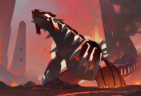 artist:ciloranko,artist:modare,artist:diyokama, astero, scenery, pokemon \(creature\),
best quality, amazing quality, very aesthetic, absurdres, best quality, masterpiece, newest,
desolated, giant groudon, lava, volcano, red sky, smoke, smoke cloug, Cinematic Lighting, light particles, bubbles  <lora:AsteroIllustriousXL_byKonan:1>