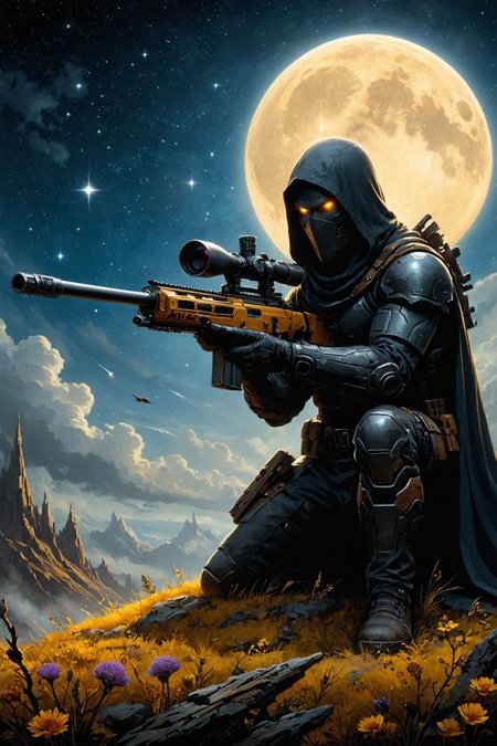 by  Andy Kehoe  and  Richard S. Johnson ,   using a sniper rifle <lora:sniper_rifle:0.50>    <lora:more_art:0.40> <lora:faetastic:0.15> <lora:midjourney:0.10> <lora:dpo:0.25>