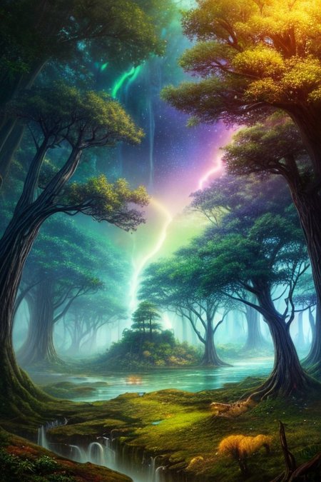 Surreal oil painting,
fantasy forest,giant trees,
an expansive ancient forest, featuring towering oaks, diverse wildlife, a variety of flora, and a feeling of grandeur,forest lake,waterfalls,
glowwave,
dawn,
thunderstorm, and many small clouds, and slightly cloudy,,,