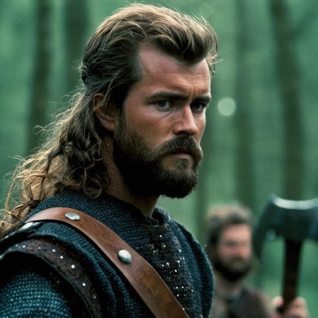 cinematic film still of <lora:detailed:0.2> 
<lora:perfection style:0.2>
<lora:Ron Fricke style:0.1>
 <lora:Braveheart film style:1>
In 1280 a sottish warrior man with a beard and a large axe,long hair,simple background,brown hair,1boy,holding,closed eyes,upper body,weapon,braid,male focus,holding weapon,armor,blurry,facial hair,beard,realistic,mustache,axe,holding axe,battle axe , 13th century, cinematic, kodak, Braveheart film style, shallow depth of field, vignette, highly detailed, high budget, bokeh, cinemascope, moody, epic, gorgeous, film grain, grainy