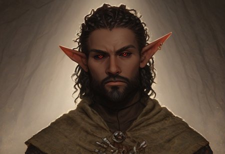 solo, short pointy ears, piercings, random elf face, aquiline features, male dark elf, masculine, beard, weathered skin, large nose, athletic build,  animated realism, zoomed out, Syrian features, torso, brass pipes and gears, intricate architecture, dwarven masonry, dwemer fixtures, white-green light, gloomy lighting, ancient ruins, interior, stone tiled floor, grey-blue skin, mahogany and ivory clothes, medium armor, bone plate armor, ivory straps and fittings, grey wood neckguard, dark red sclera, black pupils, distant mushroom forest, blue-green light, neon, highly detailed, defined features, looking at viewer, three quarters view, from front, dynamic lighting, 36 years old, light and shadows, patterned cloth, annoyed expression, expressive eyes, detailed medieval clothes, cropped hair, wavy hair, thick hair, beaded hair, braided hair, under cut hair, semirealistic, alien elf, spanish features, jewish features, black hair, dark red hair, umber skin, sharp features, pastel green berber print cloak, nighttime, high detail, absurdres, pretty eyes, detailed eyes, red eyes,
