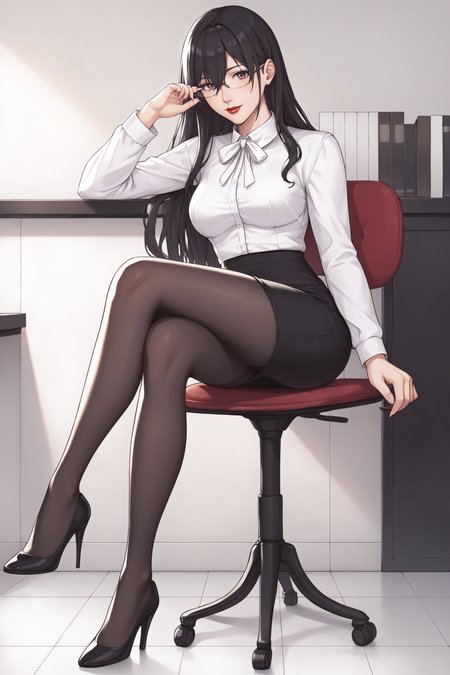 score_9, score_8_up, score_7_up, BREAK source_anime, <lora:Mayuri Hanyuu-PonyXL-lora-Faxtron:0.8> mayuri hanyuu, brown eyes, black hair, long hair, medium breasts, red lips, glasses, white shirt, white neck ribbon, pencil skirt, black pantyhose, high heels,