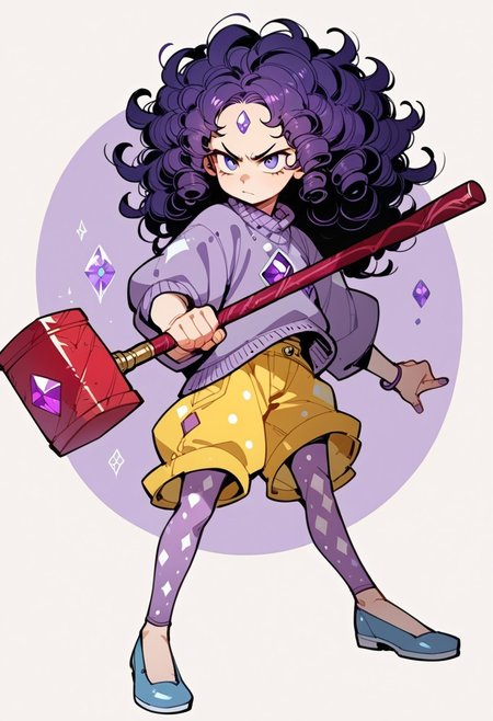 ng_deepnegative_v1_64t, score_9, score_8_up, score_7_up, zPDXL2, detailed background, concept art, source_anime, 1 girl, pale, purple sweater, baggy sweater, yellow shorts, polka dot leggings, purple leggings blue shoes, purple hair, frizzy hair, purple diamond on forehead, holding hammer, large red hammer, pose, action pose