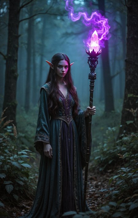 Photograph taken from above at an angle. A dark night, misty. Midnight. A beautiful brunette elf woman. Long elf ears. She's standing in a dark forest, wearing a long ornate elven dress. Her brunette hair is long . One hand holds a long intricate wizard staff, topped with a medium-sized crystal. Purple Energy emanates from the medium-sized crystal at the top of the staff, illuminating the area around her.  The purple glow lights her. She's looking at the viewer with a determined look on her face. 