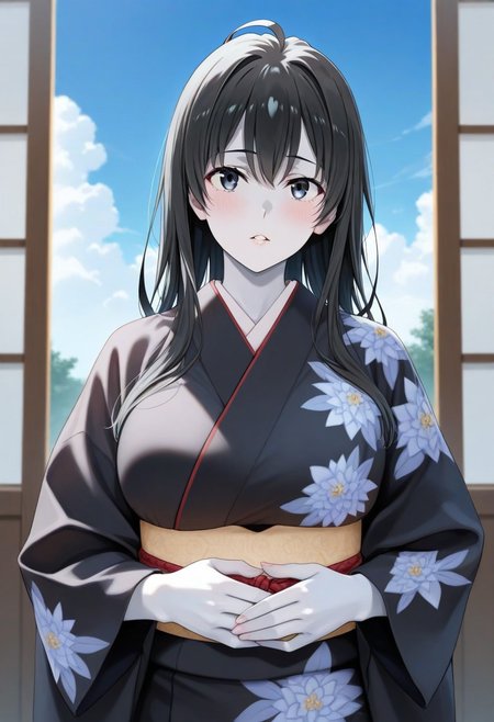 Mother Yukinoshita-Yahari Ore no Seishun Love Comedy wa Machigatteiru
1girl, sky, black hair, long hair, masterpiece, black eyes, colored skin, (white skin:1.3), Yuki-Onna parted lips, looking at viewer, black kimono, floral print, outdoors, hands held together on stomach, cloud, volumetric lighting, blue sky, portrait, upper body,