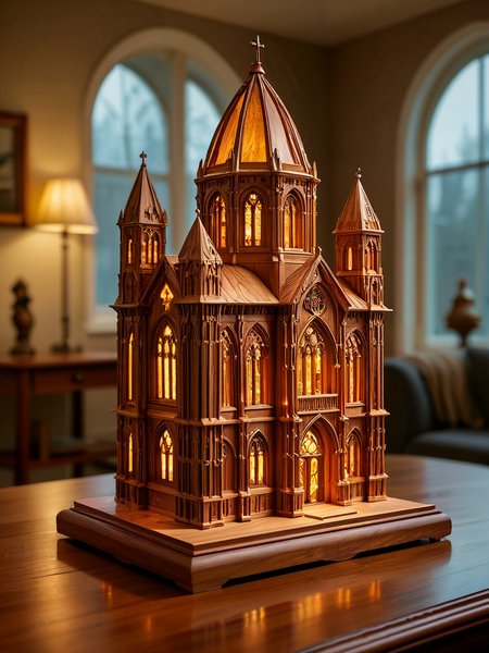 award winning photo, 

The magnificent craftsmanship of a miniature cathedral carved from a block of solid redwood. It sits on a table in my living room. It glows from within. Night.