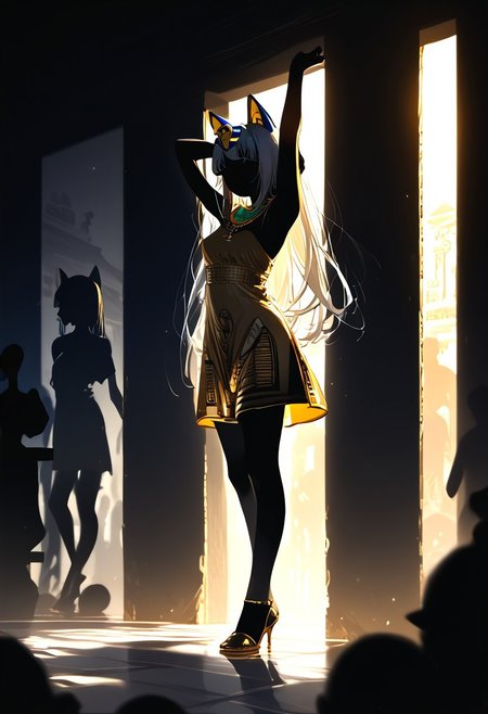 (masterpiece, best quality), (score_9, score_8_up, score_7_up,source_anime), 4K8K, high res image, Uncorrected, white print, lineart print, print, 
from front, Porcelain wall, 
Ankha_(Animal_Crossing), (silhouette Ankha solo:1.3), 
(animals), silhouette, backlit, backlighting, dark night, Porcelain Mix Gold, pmg style, 
(golden lines, white silhouette skin, Skin like porcelain), 
standing on tiptoes, reaching out, arms up, 
(small stature, petite:1.3), (breasts:1.1), (white hair, verry long hair, cat ears),
(wearing Porcelain clothing, Porcelain Egyptian-style dress),