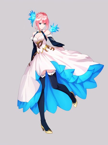 score_9, Score_8_up, Score_7_up, Score_6_up, masterpiece,  best quality, very aesthetic,  <lora:ShionneV2-08:1> 15 shionne 01b weddingdress, shionne 01b, pale skin, long hair, (blue eyes), wedding dress 1girl, solo, breasts, 1Girl, hair ornament, thighhighs, dress, bare shoulders, full body, pink hair, braid, detached sleeves, black thighhighss   <lora:detailed_backgrounds_v2:0.7> (scenery:1.3),