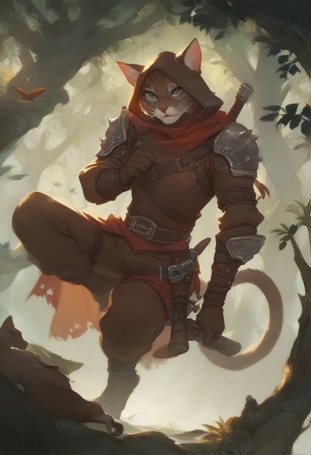 (score_9, score_8_up, score_7_up), furry, feline, cat, gray-brown fur, bi-color, rogue, hood, fantasy leather armor, gray eyes, dark mysterious forest background