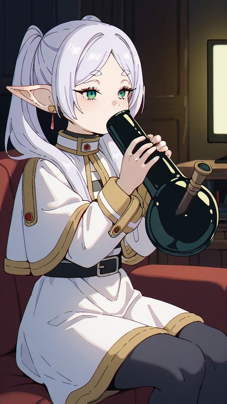,masterpiece,best quality,newest,  <lora:BongHitIL:1.0> bongil, 1girl, solo, inhaling, sitting, living room, dark room, tv,    <lora:FrierenIXL:1.0> zzFrieren, long hair, twintails, green eyes, grey hair, pointy ears, elf, shirt, long sleeves, jewelry, earrings, striped, capelet, striped shirt, white skirt, black pantyhose,