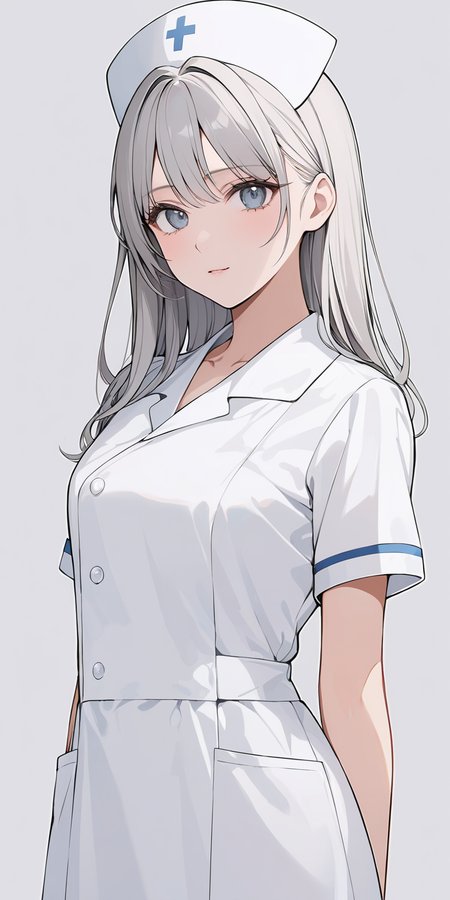 masterpiece,ultra-detailed,best quality,8K,illustration,cute face,clean skin ,shiny hair,girl,ultra-detailed-eyes,simple background, <lora:add-detail-xl:1> <lora:nurse_XL_V1.0:1> nurse, white dress, nurse cap