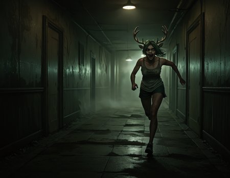score_9_up, score_8_up, score_7_up, dynamic pose, full body, looking at viewer, 1girl, female monster deer, long green hair, antlers, furry, running, angry, fangs, soft lighting, perfect hands, sfw, clothes, Silent Hill style, horror, fog, high resolution, detailed, masterpiece <lora:Silent_Hill_Style>