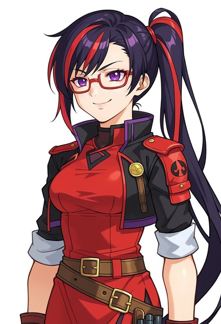 score_9, score_7_up, source_anime, BREAK solo,  <lora:zs_FE10PortraitsXL:1> fe10portraits, portrait, white background,, smug smile, 1girl, purple eyes, red-framed eyewear, black hair, red colored tips, red streaked hair, very long hair, side ponytail, tied hair, medium breasts, red colored tips, jacket on shoulders, red dress, sleeves rolled up, fingerless gloves, holster, belt, multiple belts, combat boots, pants under dress, black coat,
