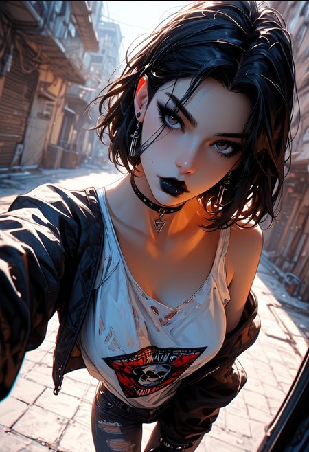 score_9, score_8_up, score_7_up, score_6_up, score_9, score_8_up, score_8, OverallDetail, Expressiveh, (anime_source) ( dynamic angle) very aesthetic, rating_questionable, raitng_explicit,uncensored 
 i want the whole image to be created in 3D anime style
 1girl, goth girl,black short hair, with blue tips, sexy pose, dynamic stance, oversized hoddie, makeup, eyelashes, eyeliner, black lipstick,  ripped black jeans,detailed features, taking a selfie, urban alley, soft and warm lighting, perfect body proportions, detailed hands, bright colors
cinematic lighting, cinematic angle,photography, pov, depth of field, awesome detail
detailed background, detailed body
