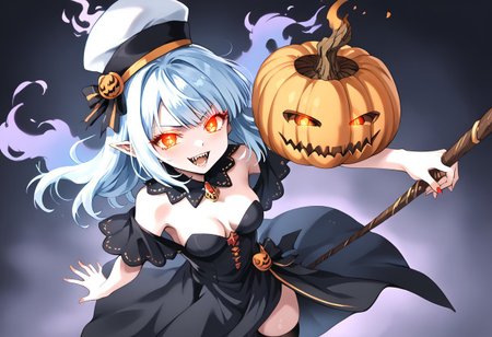(masterpiece), (score_9, score_8_up, score_7_up,source_anime), 4K8K, 
(from above), misty, steam, fog, Floating Halloween pumpkins, 
halloween, halloween fantasy, jakkRo, 
(pumpkinhead woman, Pumpkinhead:1.3), (solo), (Glossy skin, pale skin:1.3),  (hugging myself, holding stick), blue flame, burning pumpkin, (dark aura:1.4), (smirk, half-opened mouth, Canine, tooth, fang1.2), 
(medium figure:0.9), (pointy breasts:1.1), 
(glowing eyes), 
(wearing vampire cos, dress, makeup, red and black dress, Miniature Hats, zettai ryouiki, thighhighs:1.2), 
(emperor's audience room, dark room:1.3), elf ears,