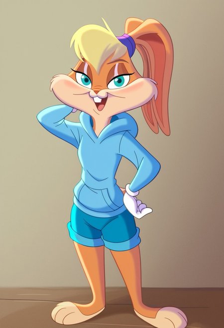 score_7_up, score_8_up, score_9, masterpiece,  high quality,
LolaBunnySJ2, furry, cartoon, anthro rabbit, looney tunes style, female, solo, 1girl, 
blond hair, beige body, green eyes, purple hairband,
white gloves, light blue hoodie, dark blue shorts, bare feet,
smiling, looking at viewer, hand on hip,  hand behind head, bedroom eyes, mouth open,
standing, facing forward, front view, full body view, full body