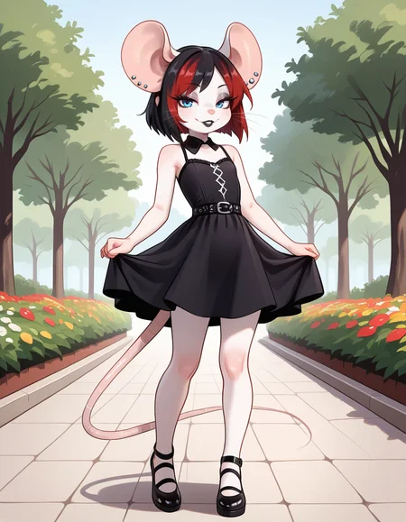masterpiece, best quality, very aesthetic, absurdres,
outdoors,
full body, standing, posing, 
goth fashion, 
seductive smile, parted lips, long eyelashes,
 <lora:Francis_v01_NAIXL:1>
Francis,1girl,solo,furry female, mouse girl, mouse ears, ear piercing, earrings, short hair, multicolored hair, red hair ,black hair ,blue eyes, eyeshadow, animal nose, whiskers, black lipstick, piercing, body fur, white fur, mouse tail,