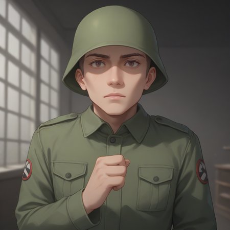 score_9, score_8_up, score_7_up, best quality, masterpiece, source_anime, zPDXL, zPDXL_xxx, BREAK
in city of ruin
1boy,  <lora:rebelsoldier:1>military uniform, rebelsoldier, green helmet, no eyes, <lora:add-detail-xl:1> <lora:detail_eyes:0.5>, one hand raised, signaling a question
