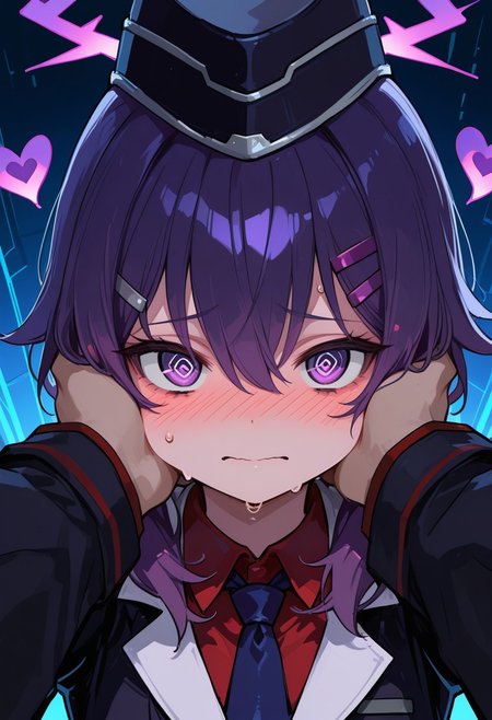 masterpiece, score_9, score_8_up, score_7_up, EasyNegative_v2, 
(best quality:1.1),ultra-detailed, high resolution, super detailed skin, beautiful detailed eyes, Brightly Lit, Highly Visible, 8k, sharp focus, beautiful, perfect lighting, beautiful eyes, anatomically correct, anatomically correct face, extremely detailed eyes, smooth edges, beautiful face, symmetrical eyes, symmetrical face, (troubled face, panic:1.3), (embarrassed, blush, Sweat:1.5), (spiral-only eyes:1.3),
(face close-up:2.0), (extending arms to the viewer:1.5), 
1girl, cute girl, Haruka (blue archive), (purple hair, medium hair, purple eyes, hairclip:1.3), (purple halo:1.2), (red shirt, black jacket, garrison cap, necktie:1.3), 
bright lighting, (solo focus:1.5), 
(floating hearts:1.5),