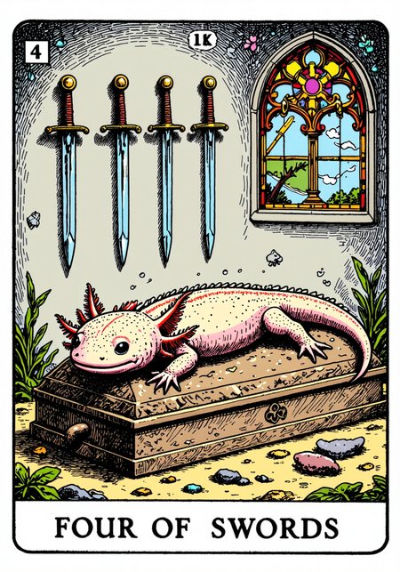 A tarot card with the text "Four of Swords," an axolotl lying on a tomb, three swords on the wall, one beneath, a stained glass window, repose and reflection., axolotl, a tarot card in the style of ck-tc featuring<lora:ck-tarot-000015.safetensors:1.0:1.0> <lora:Axomodel_Flux_V1.1.safetensors:1:1>