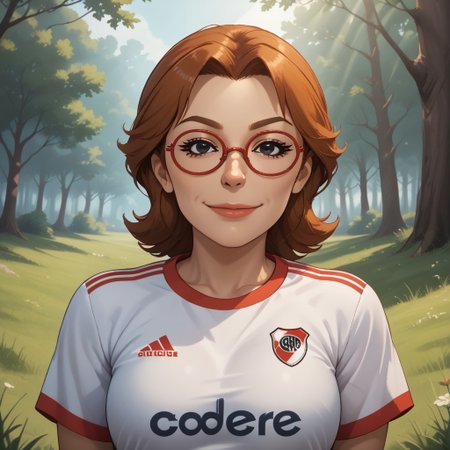 score_9, score_8, BREAK, solo, wii, mii, wii sports, 1girl, female mii, black eyes, auburn hair, brown eyebrows,  red glasses, lips, RiverPlate, striped shirt, striped, shirt, white shirt, short sleeves, clothes writing, sportswear, soccer uniform, nintendo mii, modern_mii, classic_mii, breasts, yoshi_(wii_sports), adult female, mature female, sexy pose, self portrait, smile, outdoors, sunlight, shadows, evening lighting, natural lighting, forest, trees, grass, orange sky, sunset