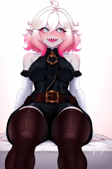 score_9, score_8_up, score_7_up, score_6_up, BREAK, BriarLoLXLv2, grey skin, colored skin, no pupils, grey eyes, pink sclera, white hair, pink hair, two-tone hair, gradient hair, short hair, hair between eyes, ahoge, pointy ears, sharp teeth, medium breasts, bare shoulders, black thight dress, detached sleeves, black bandaged sleeves, black shorts, belt, (black bandaged legwear), toeless legwear, sitting, ((bellow view)), looking at viewer, seductive smile, naughty face, nose blush, white background, simple background  <lora:BriarLoLXLv2:0.8>, SubukoStylePXL  <lora:SubukoStylePXL:1>