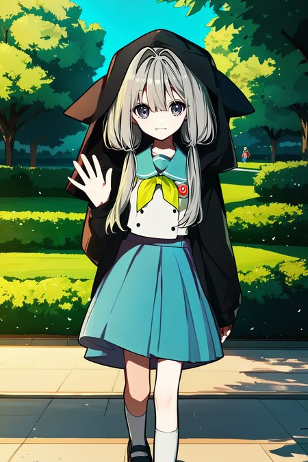 score_9, score_8_up, score_7_up, score_6_up, rating_safe, source_anime, best quality, masterpiece, detailed background, detailed background, detailed eyes, outdoors, sunny, park, 2.5d, (waving), (walking), <lora:mia-xl-05:1>, loopers mia, black fox hood, sailor uniform, long blue skirt, smile, small breasts, pigtails, grey hair, white socks,