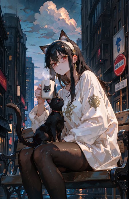 perfect quality,high quality,masterpiece,best quality,amazing quality,very aesthetic,absurdres,Cinematic Lighting,newest,Tactical use of shadow,
yor briar_cyql,1girl,solo,black hair,long hair,sidelocks,hairband,white hairband,red eyes,jewelry,earrings,
animalears,cat,sign,rain,glasses,outdoors,sitting,catears,pantyhose,holding,blackpantyhose,umbrella,tail,longsleeves,building,animalearfluff,sky,city,cattail,animal,holdingumbrella,closedmouth,catgirl,layeredsleeves,transparent,dress,shortoverlongsleeves,billboard,whitedress,cloud,armband,transparentumbrella,semi-rimlesseyewear,blackcat,cloudysky,black-framedeyewear,bench,cup,feetoutofframe,scenery,jacket,cityscape,night,whitejacket,roadsign,under-rimeyewear,chinesetext,arrow(symbol),skyscraper,shirt,whiteshirt,extraears,shortsleeves,lookingatviewer,instrument,disposablecup,
<lora:yor briar_Illustrious by Cyql:1>,qxys,748cmstyle,EtherStyle,<lora:spo_sdxl_10ep_4k-data_lora_webui:0.7>,<lora:96YOTTEA-WAI:0.3>,<lora:illustrious_all_rated_v1:0.7>,<lora:748cmSDXL:0.9>,<lora:EtherSDXL:0.5>,