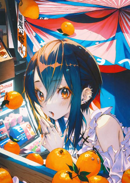 , by wanke,  by hata, by ninomae   by yogisya,
1girl in a lively marketplace. She explores colorful stalls filled with exotic fruits, her eyes wide with curiosity. A gentle breeze ruffles her hair as she samples a piece of fruit, her expression a mix of delight and wonder
extremely beautiful detailed piercing eyes,
 masterpiece, best quality, high quality, highres, absurdres, very detailed, high resolution, sharp, sharp image, 8k, vivid, colorful, stunning, anime