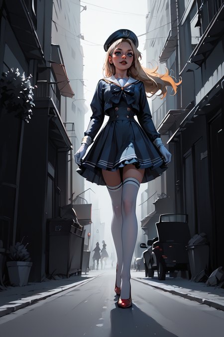 1woman, sexy, petite, skinny legs, long hair, blonde hair, <lora:Sailor:1> Jed-Salr, Navy Blue Mini Dress, White Trim,  White Sailor Collar,  Nautical Stripes,  White Thigh-High Stockings, Red Heels, Sailor Hat,  White Gloves, Sailor Cuffs, White Petticoat, walking on a coastline, viewer looking from below, upskirt,, score_9, score_8_up, score_7_up, score_6_up, score_5_up, score_4_up, <lora:K040790P:0.4> 040790P, woman, 24 years old, <lora:Breast Slider - Pony_alpha1.0_rank4_noxattn_last:1>, (tiny waist, flat stomach, narrow hips), <lora:Aesthetics_Enhancer_pony:0.8> EnhanceImage, <lora:GRIM_v1:1>  greyscale, monochrome, limited palette, horror (theme), eldritch abomination, chaotic, silhouette,