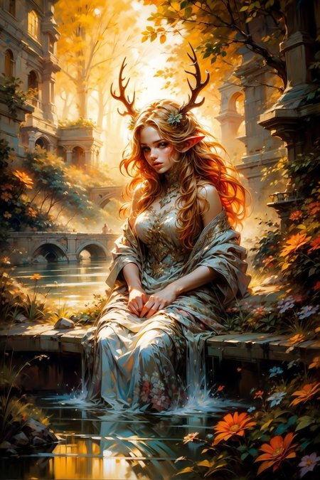 (masterpiece:1.1), (best quality:1.1), (detailed:1.0), (vibrant colors:1.2), BREAK, (fantasy:1.0), <lora:DWM_painting:0.8>, BREAK, (solo:1.4), (woman:1.1), (pointy ears:1.0), (cute:1.0), (adorable:1.0), (antlers:1.0), (sitting:1.0), (partially submerged:1.0),  (long hair:1.0), (flower ornaments:1.0), BREAK, (pond:1.0),  (flowers:1.1), (moss:1.0)