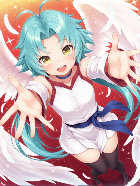effect veiler, blue choker, white sleeveless dress, white detached sleeves, blue sash, black thighhighs, red shoes, 1girl, solo, open mouth, smile, looking at viewer, feathers, blush, sparkle, bare shoulders, from above, zettai ryouiki, foreshortening, outstretched arms, see-through angle wings,
masterpiece,best quality,amazing quality,very aesthetic,absurdres,newest,<lora:Effect Veiler illusXL v1:0.73>,