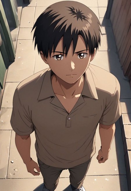 high resolution, solo, best quality, 1Boy, Takaki Toono, Brownish Hair, Brown Eyes, casual, seen from above, gangster, dominant, intimidate, OverallDetail