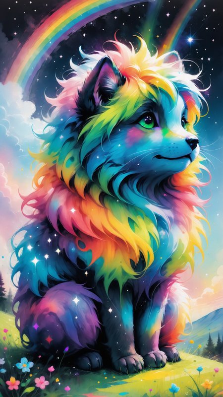 a fluffy creature, with rainbow-colored fur, sitting on a rainbow in the sky, far below is the world with green meadows, surrounded by sparkling stardust, JOY, cuteness overload, magical, Colorsplash <lora:SDXLPaintSplash:0.8>,