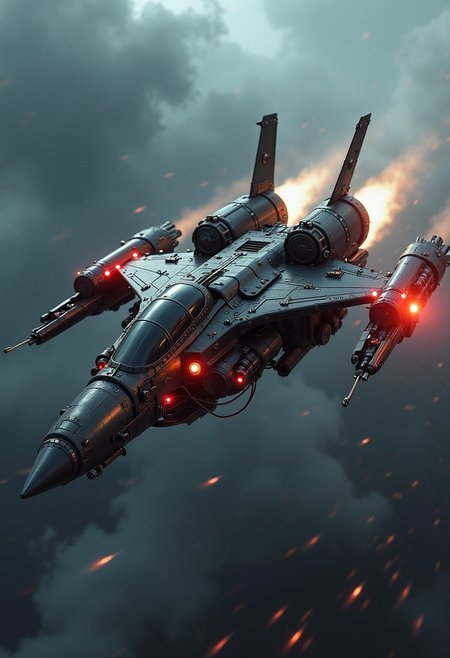 A digital artwork in the style of cknc, armored futuristic fighter plane, adorned with intricate, metallic details, including bolts, wires, and mechanical components, giving it a highly advanced, industrial look, with glowing red diodes and LEDs, travelling at speed through a dark stormy sky, background, viewed diagonally from the front, motion blur, directional lighting