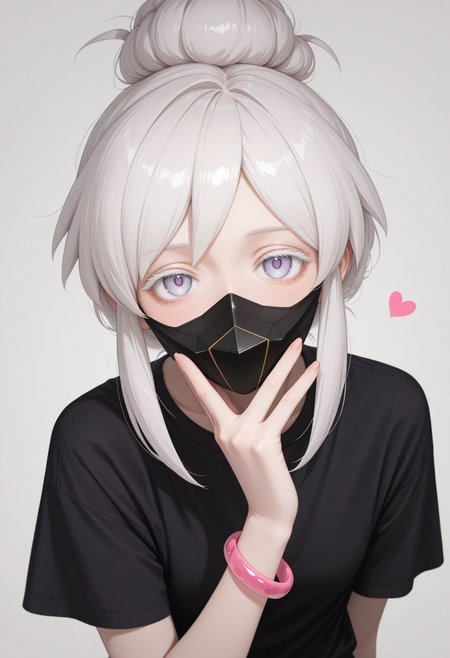 masterpiece, best quality, newest, (realistic:0.5), solo, looking at viewer, 
 <lora:Deux illu:1>1girl, white hair, single hair bun, white eyelash, 
black shirt, mouth mask, 1girl, bracelet, white background, jewelry, simple background, blush, heart, t-shirt, looking at viewer, short sleeves, hair bun,  mouth mask, sidelocks, hand up, solo focus, short hair