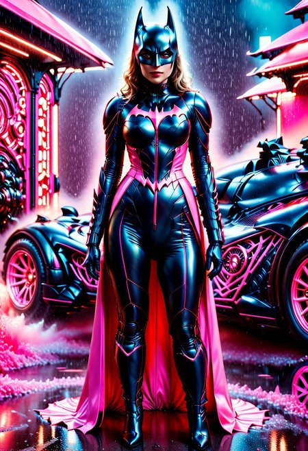 mature female Batman next to pink Batmobile, cinematic, photo, anatomic correct bodies, extremely realistic, lots of detail, full body, hdr, cinematography, raining, epic, night, SilverPulse, fully dressed, p1nk1r1sc4l3s, made out of iridescent scales, 29 years old, Instagram_Influencer_187_By_Stable_Yogi. <lora:coralbugXL:1.6> , coralbugXL, closed suit, high neck closure, fully dressed, long dress, latex downsuit.