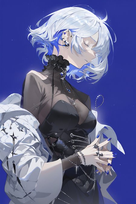 1girl，solo，breasts，short hair，shirt，long sleeves，dress，jewelry，medium breasts，blue hair，jacket，closed eyes，white hair，multicolored hair，cowboy shot，earrings，off shoulder，nail polish，black dress，profile，blue background，white jacket，own hands together，side slit，blue nails，blue theme，hair behind ear
，aesthetic, detailed, beautiful color amazing quality, best quality, high quality  <lora:lora:1>