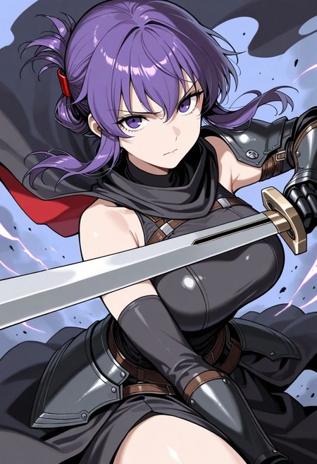 best quality, masterpiece, sfw,
n0m0, sabudenegostyleil,
close-up shot, view from aside,
solo, holding sword, dynamic fighting pose,
1girl, 
Matou Sakurai, human, purple hair, purple eyes, folded ponytail,
armor, single shoulder armor, cape, single bare shoulder, clothed,
large breasts,  
looking at viewer, closed mouth,